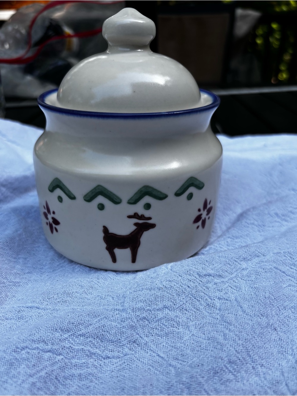 Pfaltzgraff Cream Nordic Christmas Sugar Bowl with holiday designs.